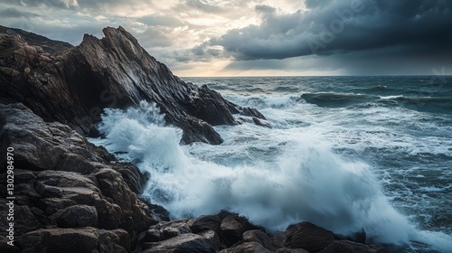 Dramatic rocky coastline with waves crashing against the rocks, ocean spray, cloudy sky, atmospheric nature scene