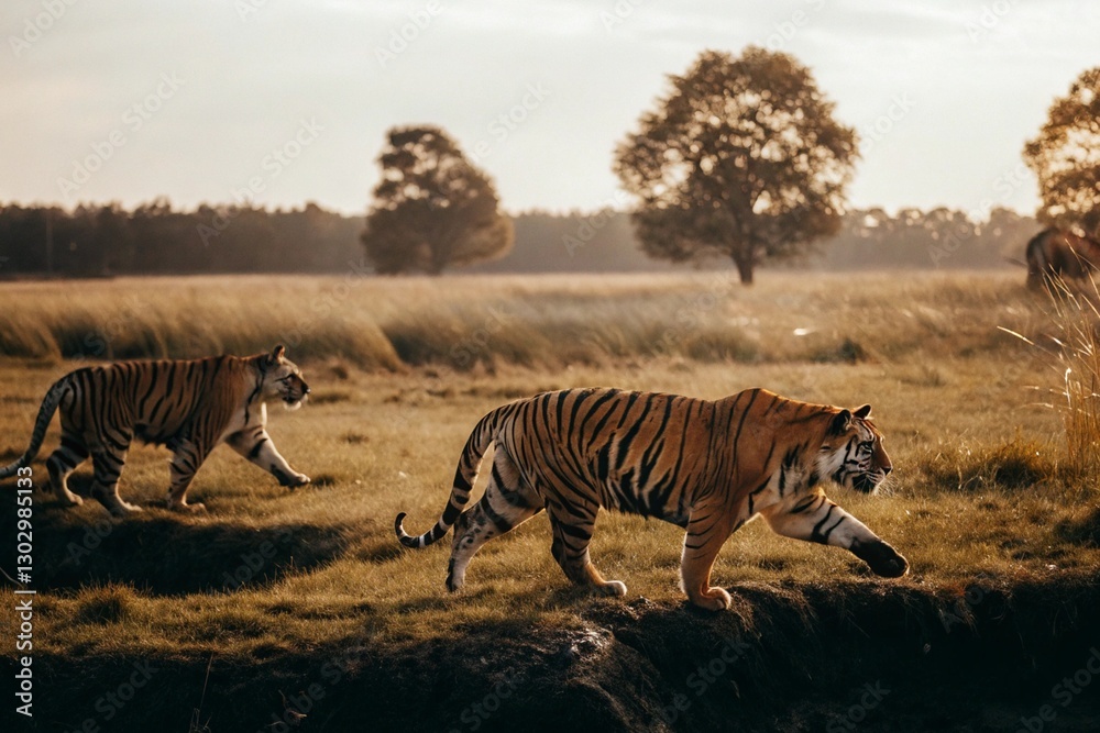 Naklejka premium The photo of tigers running on the vast land