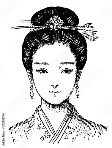 Engraved illustration of a traditional lady adorned with hairpins and earrings in elegant attire from an unspecified time period