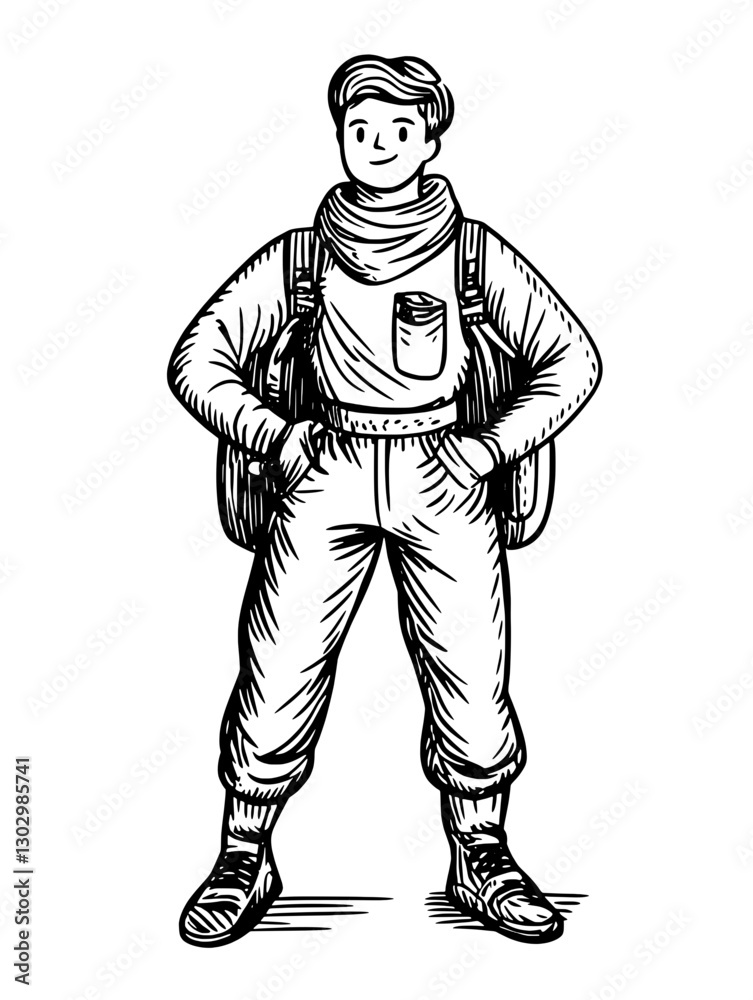 Engraved illustration of a cheerful hiker ready for a mountain adventure in outdoor attire with a backpack Engraved illustration of a cheerful hiker ready for a mountain adventure in outdoor attire with a backpack