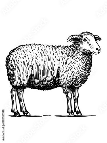 Engraved vector illustration of a sheep standing on a flat surface showcasing detailed wool texture and solid posture