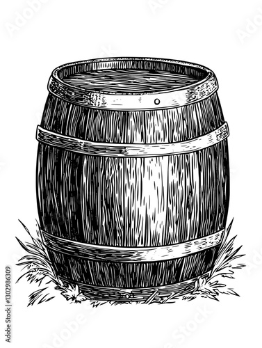 Engraved illustration of a rustic wooden barrel resting on grass