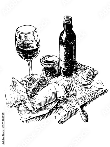 Enjoying a gourmet meal with wine, oil, and sauce in a cozy dining setting