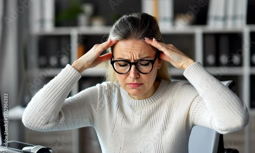 Professional woman wearing glasses, experiencing mental fatigue and stress in a busy office environment UHD 4K Video 60 FPS