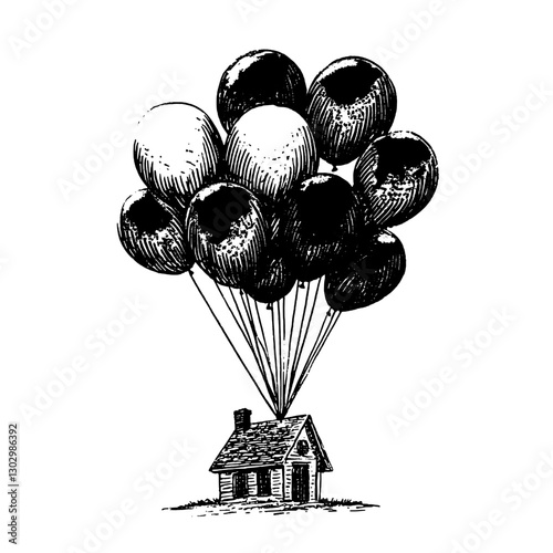 Balloons lift a small house into the sky in a whimsical engraved illustration capturing a magical moment
