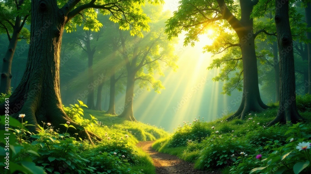 Obraz premium Sunbeams Illuminate a Mystical Forest Path, Where Lush Greenery and Delicate Flowers Flourish Under a Canopy of Ancient Trees