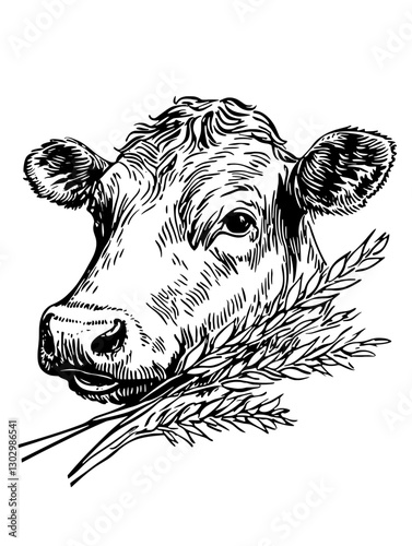 Engraved illustration of a cow with wheat, showcasing agricultural life and rural charm in a detailed design