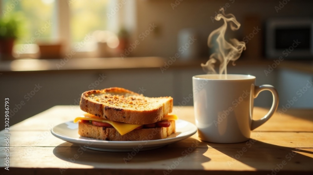 Golden-crusted toasted sandwich with melted cheese and savory filling served alongside a steaming mug of hot beverage on a sunlit wooden table Golden-crusted toasted sandwich with melted cheese and savory filling served alongside a steaming mug of hot beverage on a sunlit wooden table