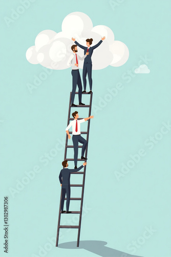 Competitive Business Team Climbing Ladder on Cloud, Illustrating Corporate Rivalry and Aspiration for Success