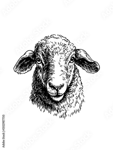 Engraved vector illustration of a sheep with detailed features showcasing its fluffy wool and expressive face
