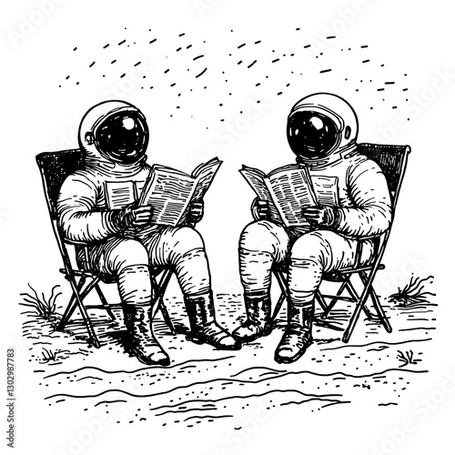 Astronauts relaxing and reading in folding chairs under a starry sky on an alien surface