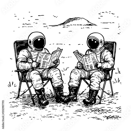 Astronauts relaxing on chairs while reading newspapers in a serene outdoor setting near a distant hill