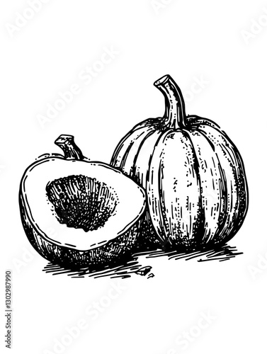 Engraved illustration of a pumpkin and cut squash showing the texture and details of the vegetables