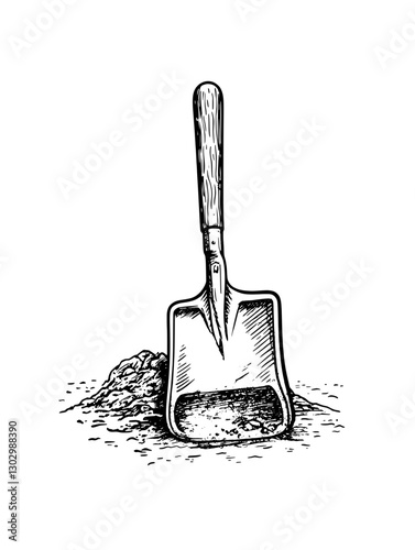 Shovel resting on a mound of dirt, showcasing classic engravings of gardening tools in a rustic style