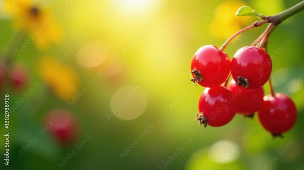 Fototapeta premium Luminous Red Berries Glowing in the Sunlight on a Branch Amongst Soft-Focus Yellow Blossoms