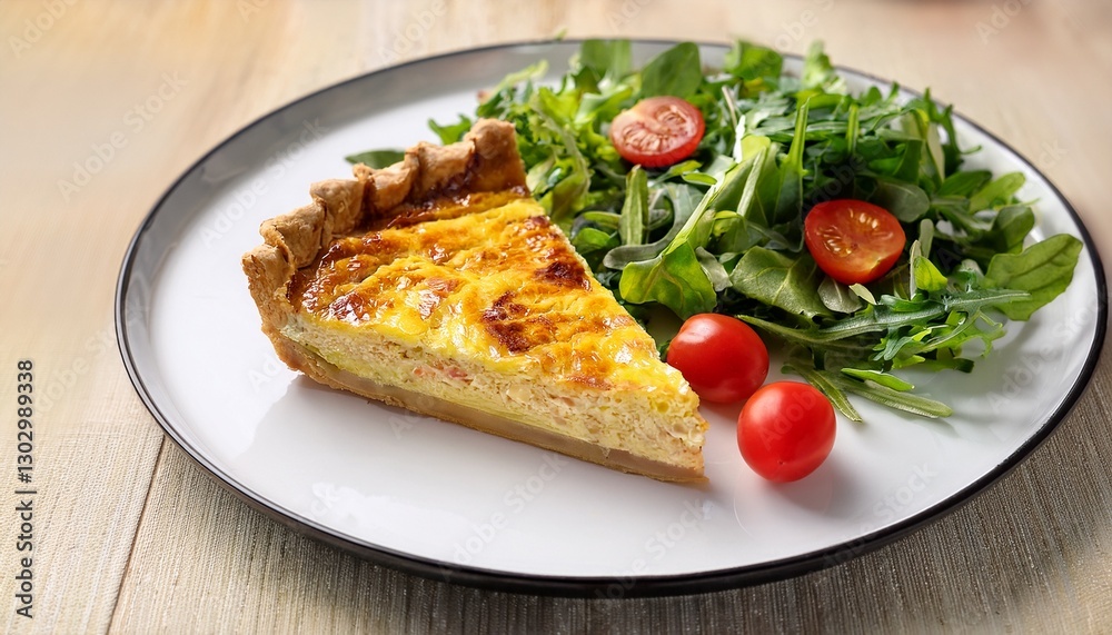 A single slice of quiche on a round ceramic white plate, accompanied by a fresh side salad of mixed greens and cherry tomatoes. The crust appears buttery and flaky, while the egg filling has a golden A single slice of quiche on a round ceramic white plate, accompanied by a fresh side salad of mixed greens and cherry tomatoes. The crust appears buttery and flaky, while the egg filling has a golden