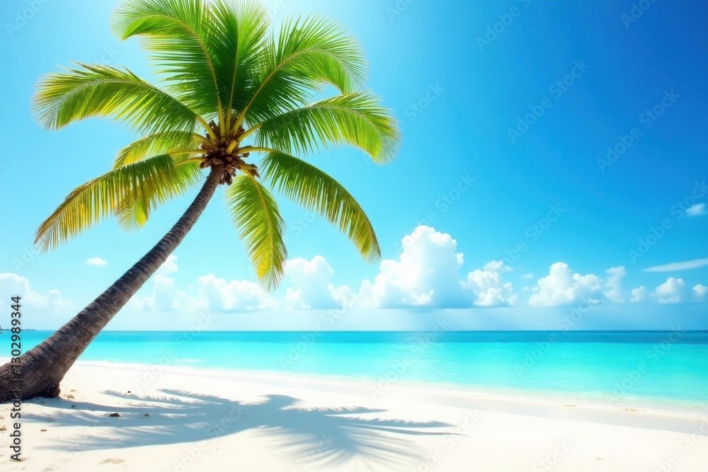 Idyllic tropical beach scene featuring a leaning palm tree under a vibrant blue sky Idyllic tropical beach scene featuring a leaning palm tree under a vibrant blue sky