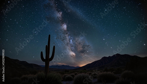 Dazzling stars shining above desert landscape at night, cosmic wonder photo