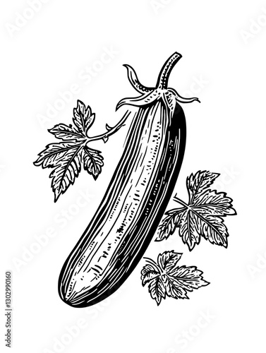 Engraved illustration of a fresh zucchini with leaves showcasing detailed botanical features