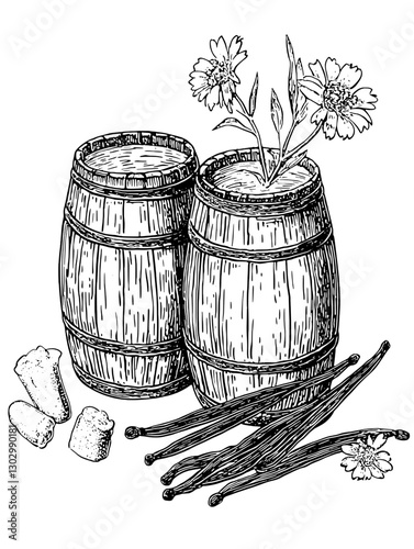 Engraved vector illustration of barrels containing flowers and vanilla pods with sugar cubes on a rustic table