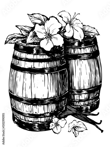 Two vintage wooden barrels adorned with hibiscus flowers, showcasing a rustic design suitable for various artistic purposes