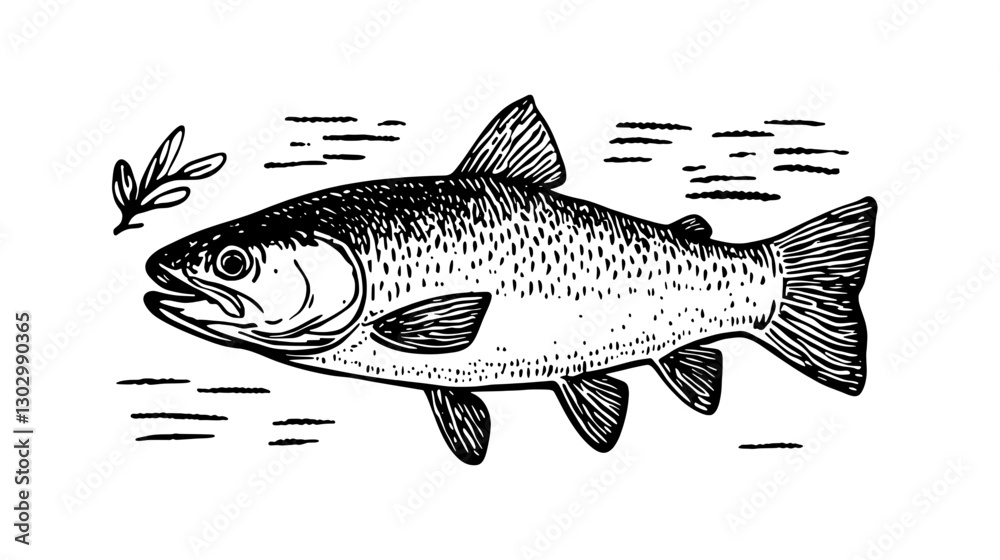 Obraz premium Engraved illustration of a fish swimming gracefully in water with an olive branch nearby