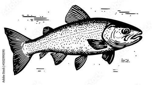 Engraved illustration of a fish swimming in clear water showcasing intricate details and texture