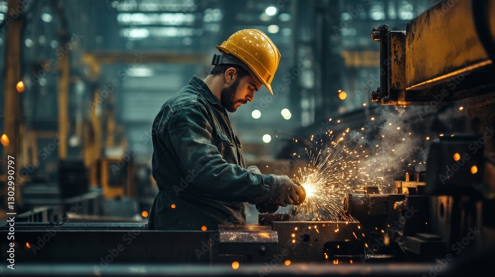 Factory worker in a hard hat and safety gear operating heavy machinery, sparks flying, realistic lighting, gritty industrial atmosphere