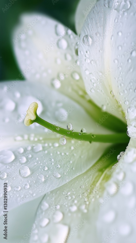 Fototapeta premium Macro shot of dew on white lily showcasing purity