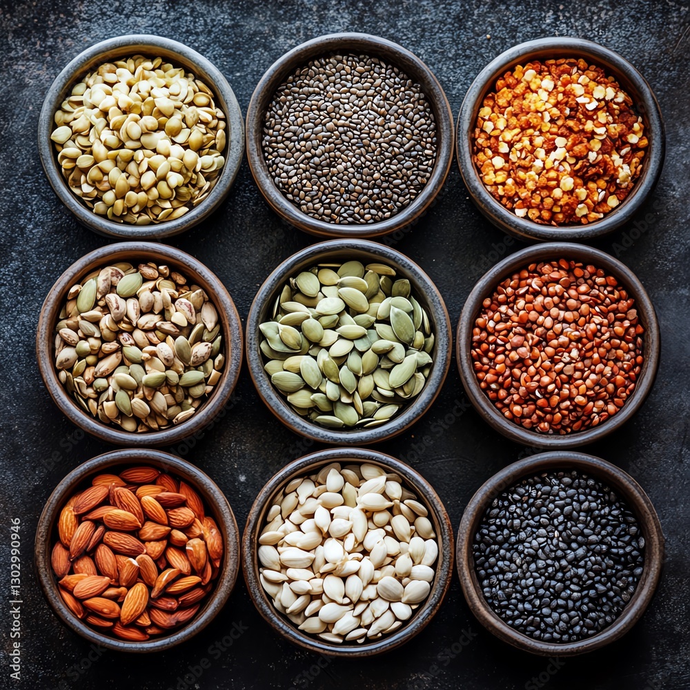 Assorted seeds and cereal mix, top view, organic vegan protein diet, healthy raw ingredients for vegetarian cuisine, nutritionrich cooking elements for plantbased meals Assorted seeds and cereal mix, top view, organic vegan protein diet, healthy raw ingredients for vegetarian cuisine, nutritionrich cooking elements for plantbased meals