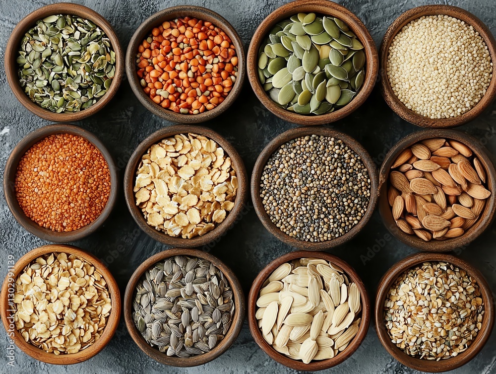 Assorted seeds and cereal mix, top view, organic vegan protein diet, healthy raw ingredients for vegetarian cuisine, nutritionrich cooking elements for plantbased meals Assorted seeds and cereal mix, top view, organic vegan protein diet, healthy raw ingredients for vegetarian cuisine, nutritionrich cooking elements for plantbased meals