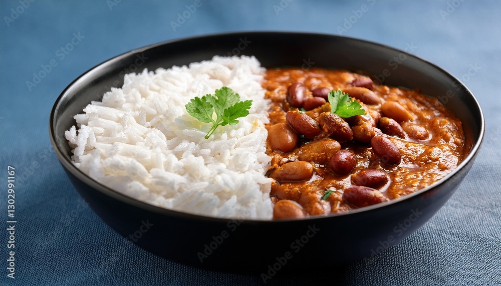 A Rajma Chawal Bowl, precisely split into two equal halves. One half contains a generous serving of fluffy basmati rice, while the other half is filled with a hearty Rajma curry. The curry features te A Rajma Chawal Bowl, precisely split into two equal halves. One half contains a generous serving of fluffy basmati rice, while the other half is filled with a hearty Rajma curry. The curry features te