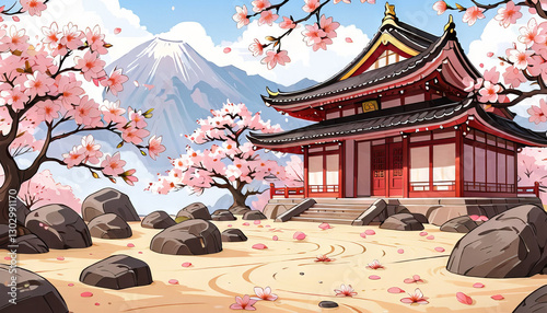Cartoon Japanese pagodas with sakura trees, bright colors, spring temple scene