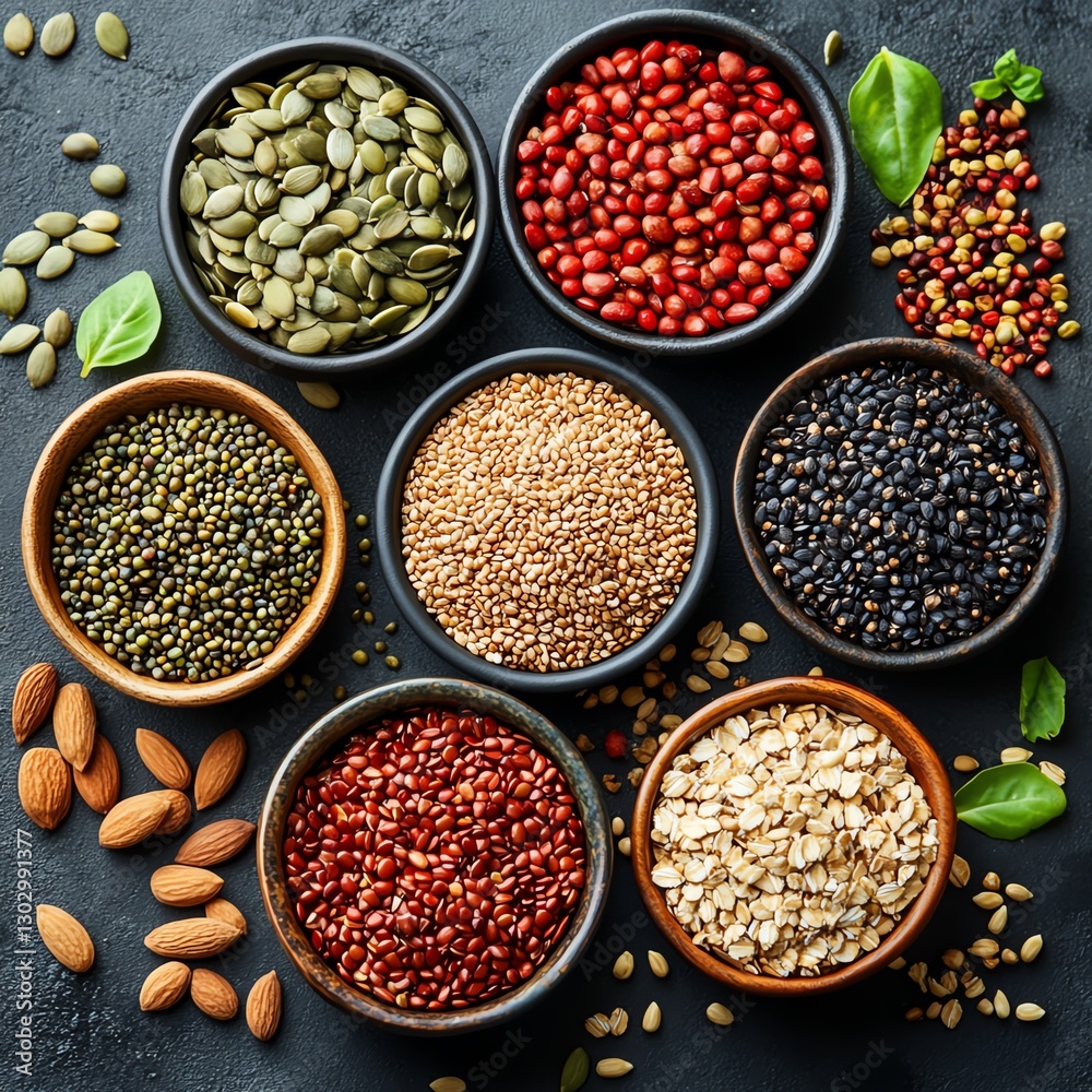 Assortment of healthy seeds and cereals, top view, organic vegan protein diet, raw food ingredients for nutritious cooking, vegetarian cuisine nutrition elements Assortment of healthy seeds and cereals, top view, organic vegan protein diet, raw food ingredients for nutritious cooking, vegetarian cuisine nutrition elements