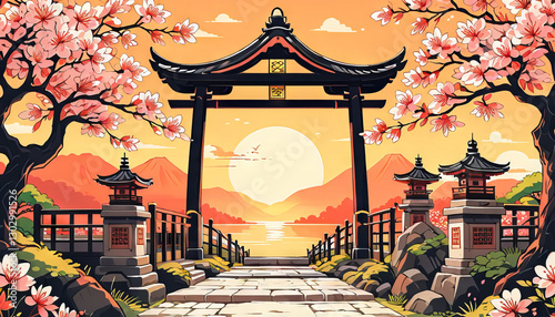 Cartoon Torii gate with sakura trees, sunset colors, Japanese spring landscape