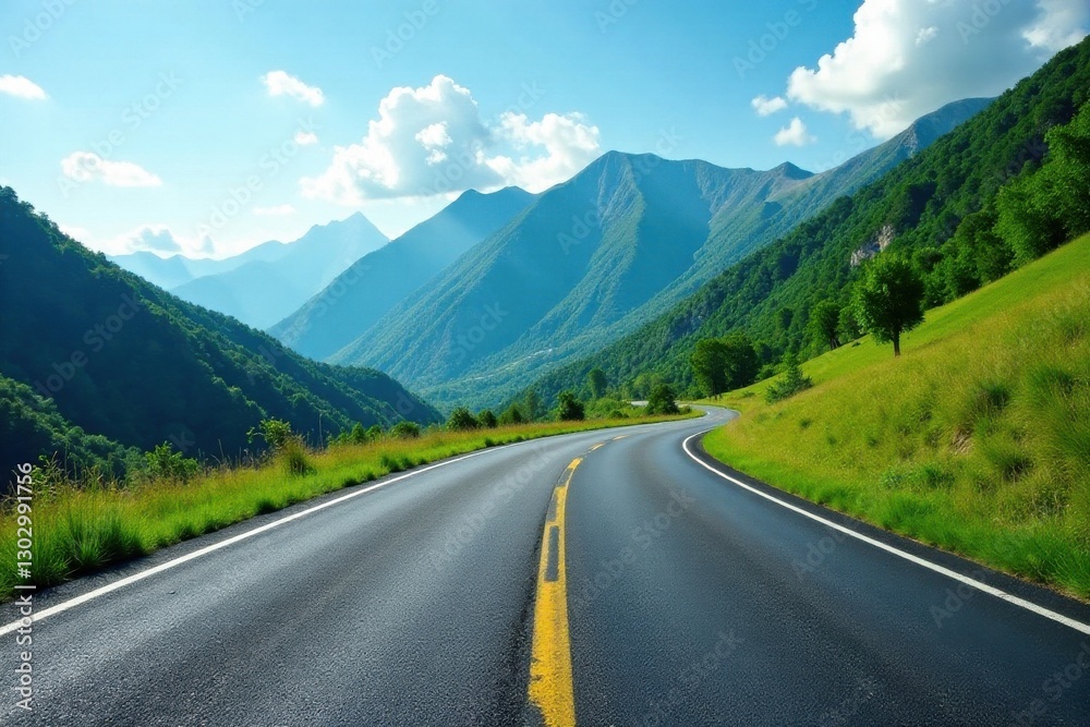 Fototapeta premium Asphalt ribbon curving through a vibrant mountainous landscape under a bright, sunny sky, offering a scenic drive amidst lush greenery and majestic peaks.