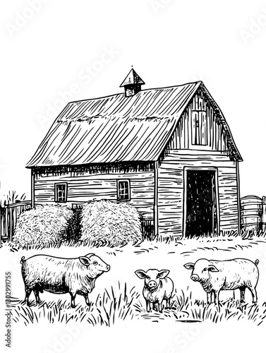 Engraved illustration of a rustic barn with pigs grazing in a serene countryside setting surrounded by hay bales