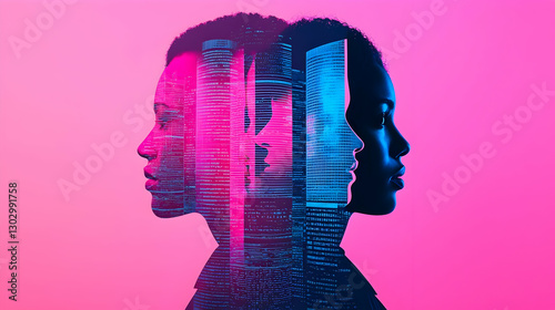 Double Exposure Portrait with Urban Skyline and Colorful Background