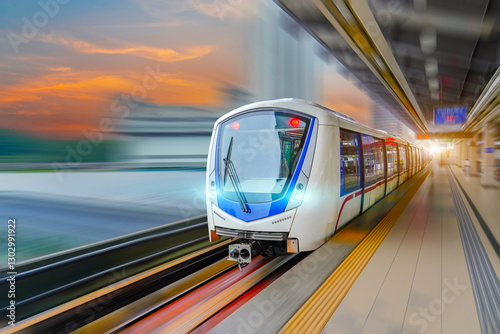 Evening railway station and arriving metro train for boarding and disembarking passengers