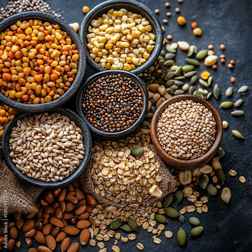 Obraz premium Group of seeds and cereals, top view, organic vegan protein diet, assortment of healthy raw ingredients, pile of nutrition cooking elements for vegetarian food preparation