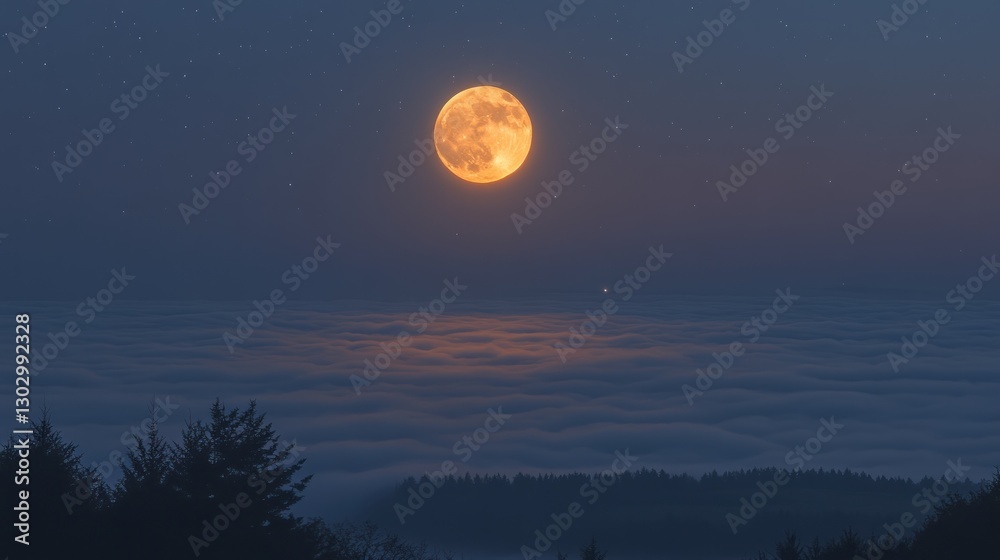A serene night scene featuring a large moon above a sea of clouds and distant trees. A serene night scene featuring a large moon above a sea of clouds and distant trees.