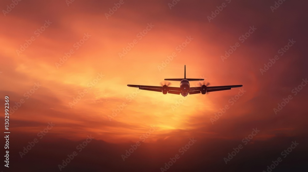 A peaceful view of an airplane flying near the horizon, with a fiery sunrise creating dramatic silhouettes A peaceful view of an airplane flying near the horizon, with a fiery sunrise creating dramatic silhouettes