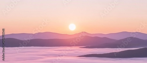 A serene sunrise over misty mountains, creating a peaceful and tranquil atmosphere.