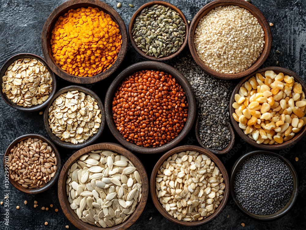 Group of various seed and cereal mix, top view of organic vegan protein diet, assortment of healthy raw food ingredients, pile of nutrition cooking elements for vegetarian cuisine Group of various seed and cereal mix, top view of organic vegan protein diet, assortment of healthy raw food ingredients, pile of nutrition cooking elements for vegetarian cuisine