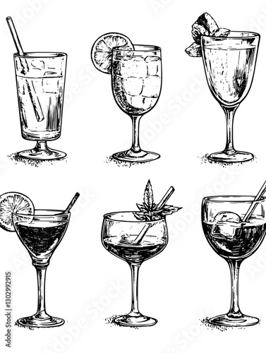 Collection of engraved illustrations of various cocktails and beverages in elegant glassware