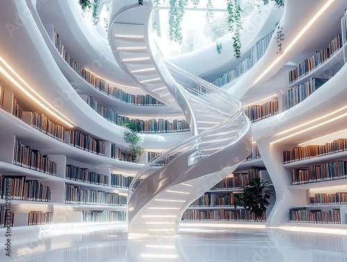  Futuristic library with DNA helix staircase and holographic archives, Unreal Engine Nanite geometry rendering infinite book details