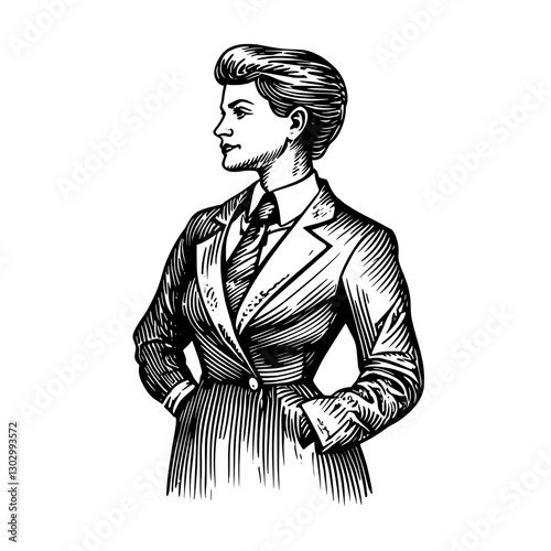 Engraved illustration of a confident woman in a suit, symbolizing empowerment and modernity in a professional setting