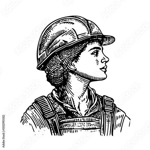 Engraved illustration of a woman in hard hat showcasing determination and strength in the construction industry