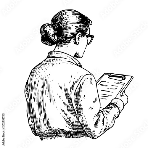 Engraved illustration of a woman with glasses holding a clipboard and reviewing notes