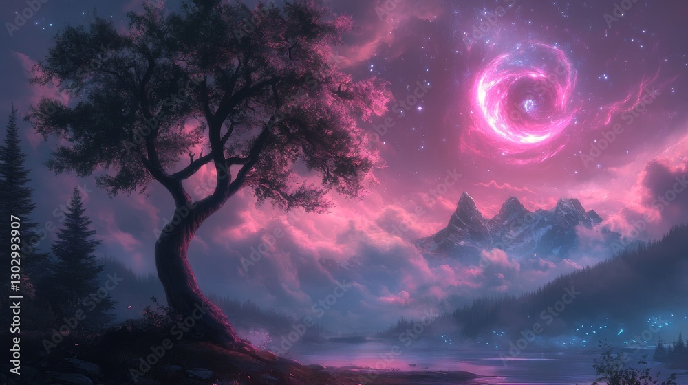 Fototapeta premium Mystical Pink Sunset over Mountains and Lake with Lone Tree